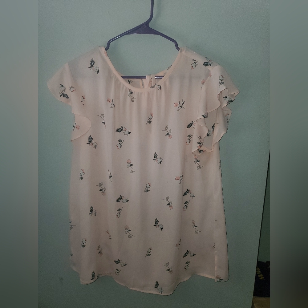 LOFT Pink and Black Flutter Sleeve Blouse